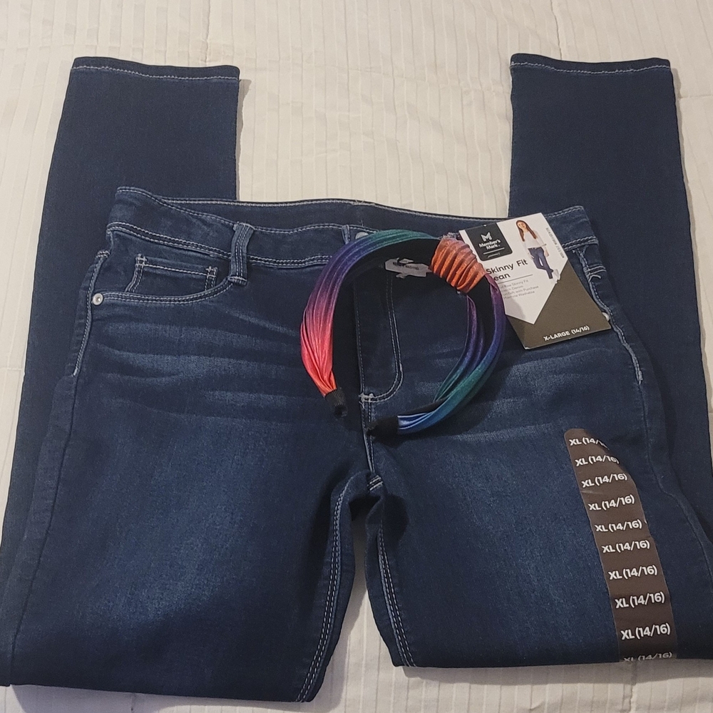 Girls MEMBERS MARK Navy Blue Slim-Fit Stretch Jeans with Headband